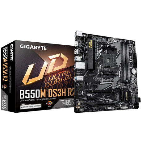 Gigabyte B550M DS3H R2 AMD AM4 Socket Motherboard, Micro-ATX, 4x DDR4 Slots, 2x M.2 Sockets, GbE LAN, 1x DisplayPort / 1x HDMI Port