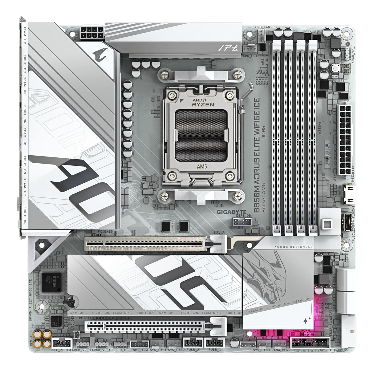 Gigabyte B850M AORUS ELITE WIFI6E ICE AMD AM5 Socket Motherboard, Micro-ATX, 4x DDR5 Slots, 2x M.2 Sockets, Fitted I/O Shield, 2.5GbE LAN, Wi-Fi 6E, 1x DisplayPort / 1x HDMI Port