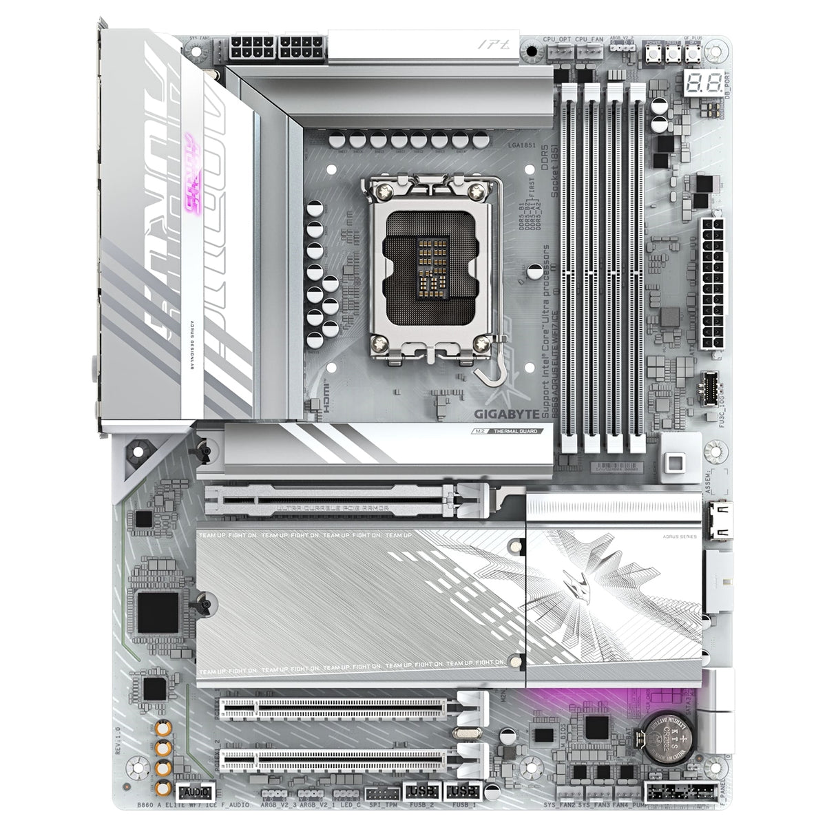 Gigabyte B860 AORUS ELITE WIFI7 ICE Intel 1851 Socket Motherboard, ATX, 4x DDR5 Slots, 3x M.2 Sockets, Fitted I/O Shield, 2.5GbE LAN, Wi-Fi 7, 1x DisplayPort / 2x HDMI / 1x USB-C (USB4)