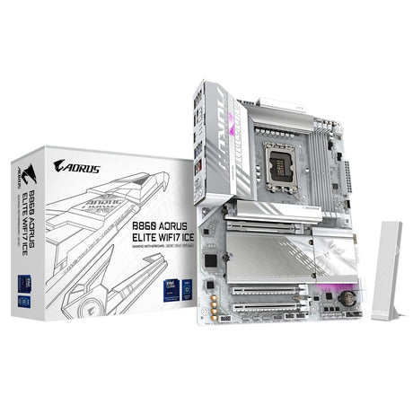 Gigabyte B860 AORUS ELITE WIFI7 ICE Intel 1851 Socket Motherboard, ATX, 4x DDR5 Slots, 3x M.2 Sockets, Fitted I/O Shield, 2.5GbE LAN, Wi-Fi 7, 1x DisplayPort / 2x HDMI / 1x USB-C (USB4)