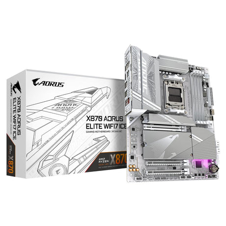 Gigabyte X870 AORUS ELITE WIFI7 ICE AMD AM5 Socket Motherboard, ATX, 4x DDR5 Slots, 4x M.2 Sockets, Fitted I/O Shield, 2.5GbE LAN, Wi-Fi 7, 1x HDMI Port / 2x USB-C (USB4)