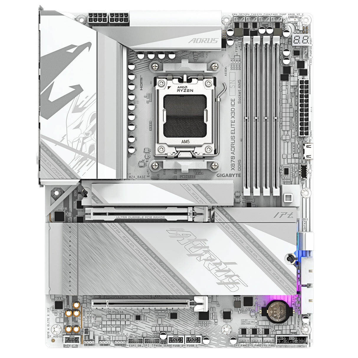 Gigabyte X870 AORUS ELITE X3D ICE AMD AM5 Socket Motherboard, ATX, 4x DDR5 Slots, 4x M.2 Socket, 5GbE LAN, WiFi 7, 1x HDMI Port / 2x USB-C (USB4)