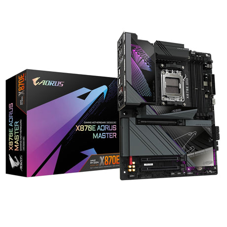 Gigabyte X870E AORUS MASTER AMD AM5 Socket Motherboard, ATX, 4x DDR5 Slots, 4x M.2 Sockets, Fitted I/O Shield, 5GbE LAN, Wi-Fi 7, 1x HDMI Port / 2x USB-C (USB4)