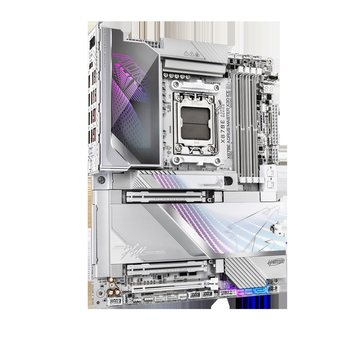 Gigabyte X870E AORUS MASTER X3D ICE AMD AM5 Socket Motherboard, ATX, 4x DDR5 Slots, 5x M.2 Sockets, Fitted I/O Shield, 10GbE LAN, Wi-Fi 7, 1x HDMI Port / 2x USB-C (USB4)