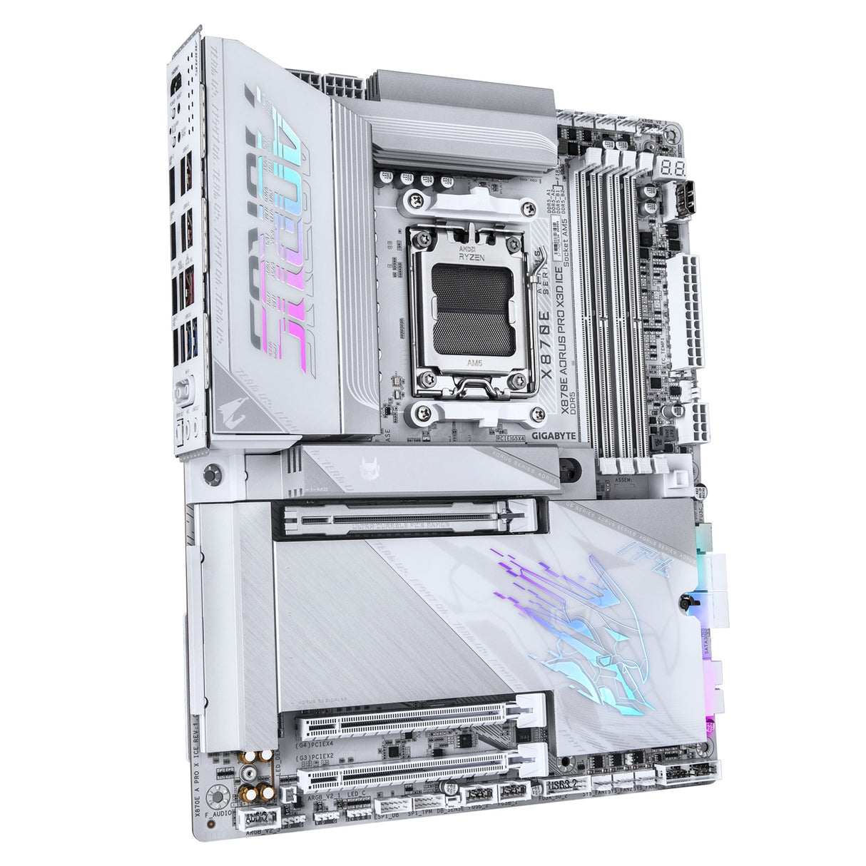 Gigabyte X870E AORUS PRO X3D ICE AMD AM5 Socket Motherboard, ATX, 4x DDR5 Slots, 4x M.2 Sockets, Fitted I/O Shield, 5GbE LAN, Wi-Fi 7, 1x HDMI Port / 2x USB-C (USB4)
