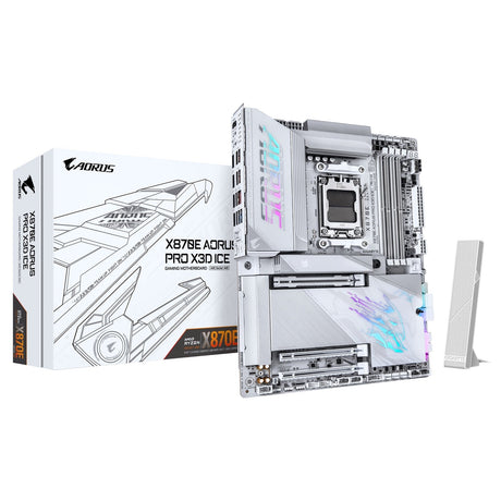 Gigabyte X870E AORUS PRO X3D ICE AMD AM5 Socket Motherboard, ATX, 4x DDR5 Slots, 4x M.2 Sockets, Fitted I/O Shield, 5GbE LAN, Wi-Fi 7, 1x HDMI Port / 2x USB-C (USB4)