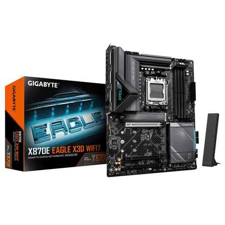 Gigabyte X870E EAGLE X3D WIFI7 AMD AM5 Socket Motherboard, ATX, 4x DDR5 Slots, 4x M.2 Sockets, Fitted I/O Shield, 5GbE LAN, Wi-Fi 7, 1x HDMI Port / 2x USB-C (USB4)