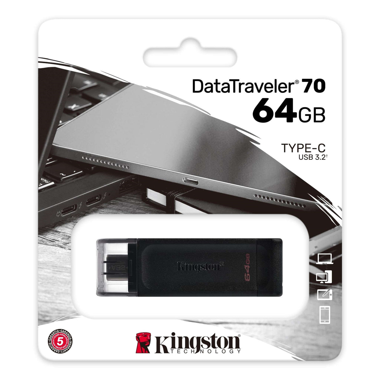 Kingston DT70/64GB DataTraveler 64GB USB Flash Drive, USB 3.2, USB-C, Gen1, 80MB/s, Clear Cap, Black, Retail.
