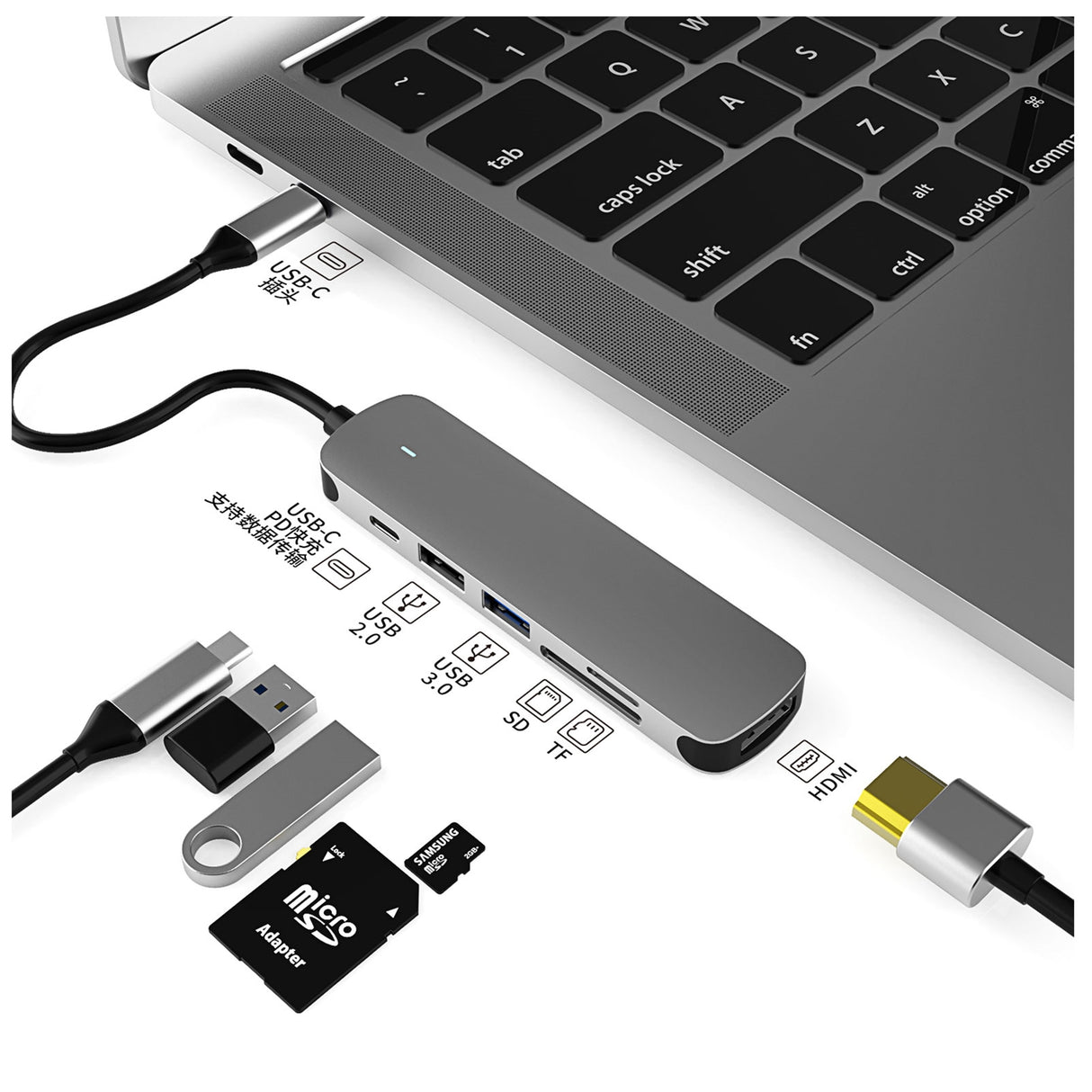 Prevo C605A 6-In-1 USB-C 4K Media and Data Transfer Hub Docking Station with 60W Passthrough, USB-C, HDMI, SD, USB-A for PC, Laptop, Tablet - Windows and Mac iOS Compatible
