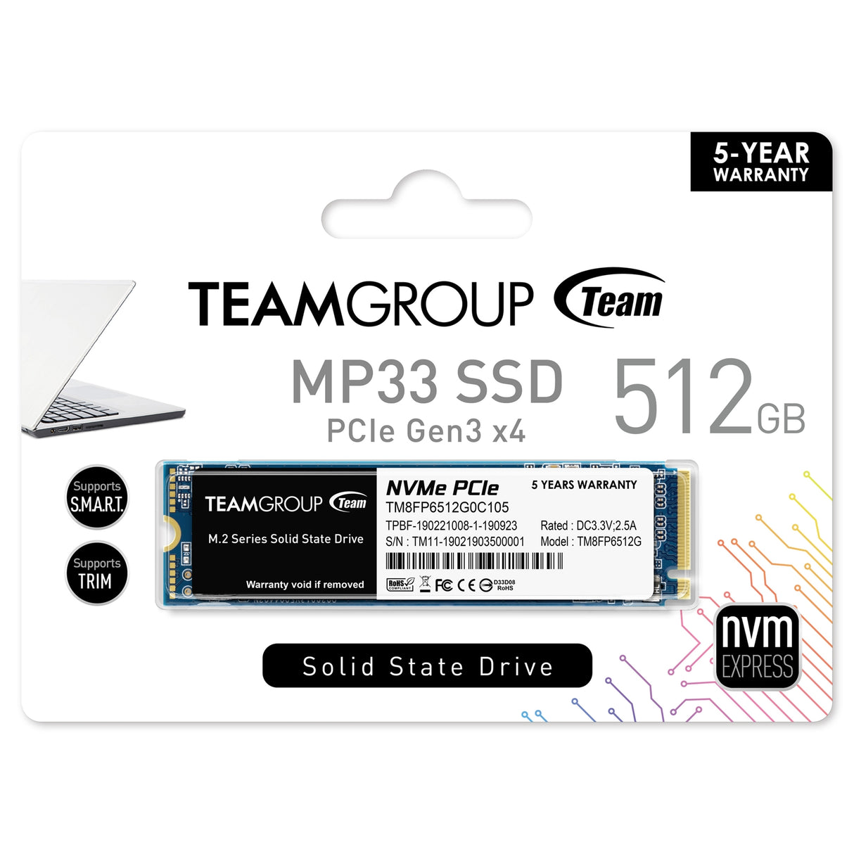 Team MP33 (TM8FP6512G0C101) 512GB NVMe SSD, M.2 Interface, PCIe Gen3, 2280, Read 1600MB/s, Write 1000MB/s, 3 Year Warranty