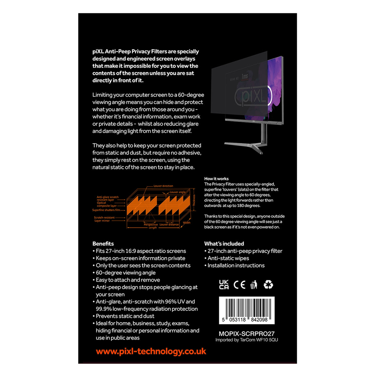 piXL 27 Inch Monitor Security Privacy Screen/ Privacy Filter, Anti-Glare, Anti-Peep, Anti-Static & Blackout