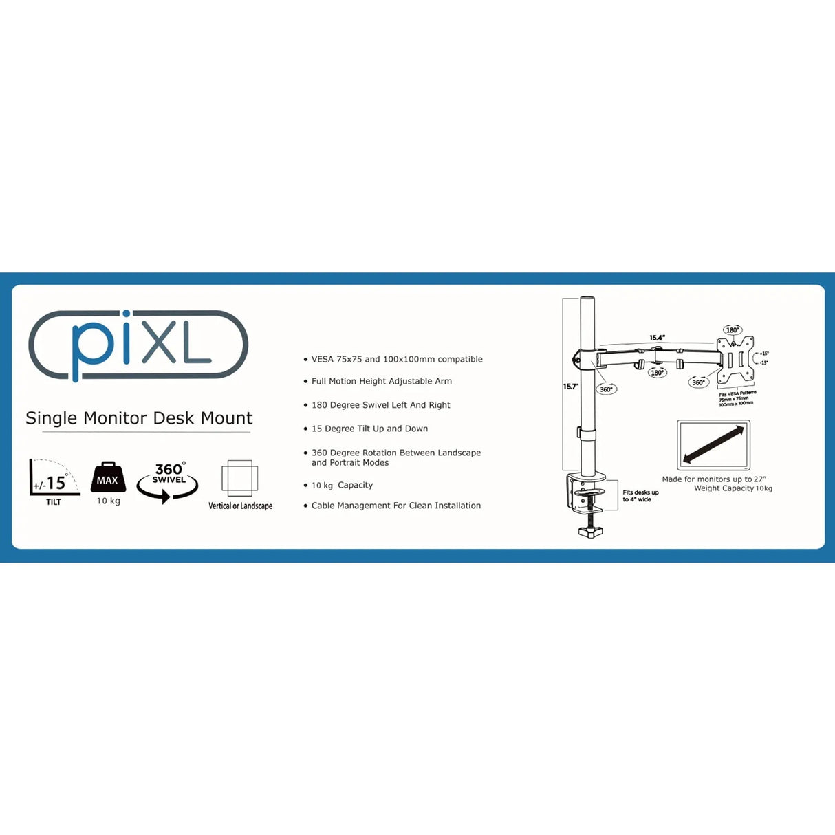 piXL Desk-Mounted Fully-Adjustable Single Monitor Arm for Screens up to 32 inch with VESA Mount & Built-In Cable Management